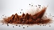 Coffee powder and coffee beans splash or explosion flying in the air isolated on white background
