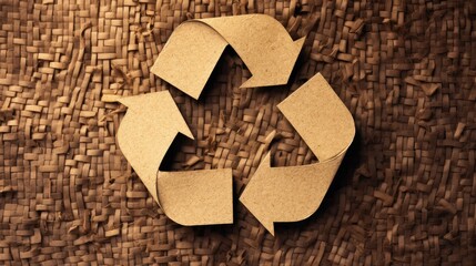 Wall Mural - Sustainable recycling icon in rustic paper form, on crumpled recycled brown paper background, emphasizing environmentally conscious efforts. Banner with copy space