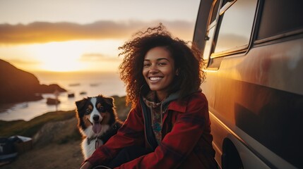 sea and mountain view background. beautiful smile of tourist woman. she's traveling with dog. they a