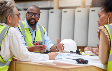 Poster - Construction meeting, planning and engineering people with blueprint teamwork, collaboration and ideas or questions. Project management, floor plan and manager, woman or group talking of architecture