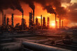 © Shinonome Studio - Petrochemical Refinery Complex in the morning, with its industrial structures and chimneys rising against the scenic backdrop. Generative AI.