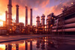 © Shinonome Studio - Petrochemical Refinery Complex in the morning, with its industrial structures and chimneys rising against the scenic backdrop. Generative AI.