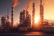 © Shinonome Studio - Petrochemical Refinery Complex in the morning, with its industrial structures and chimneys rising against the scenic backdrop. Generative AI.