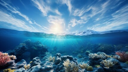 Split underwater view with sunny sky and serene sea