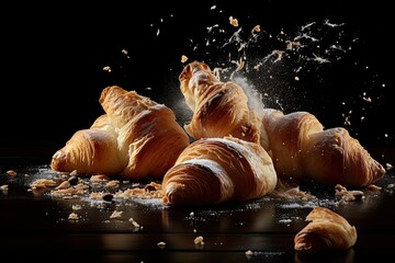 Fresh baked breakfast croissants with crumbs flying isolated on black background