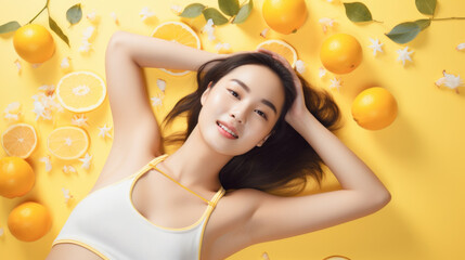 Top view of a young adult Chinese girl lying on the white floor wearing yellow short sleeveless tight sports top on white background