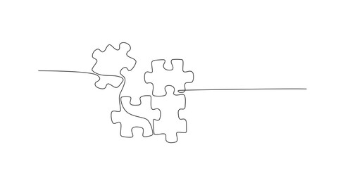 continuous single line drawing of four puzzle pieces. problem solving and solution business metaphor