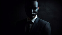 Concept Of A Liar, A Man In A Suit Wearing Black Mask. Hiding His True Identity, Intentions, Or Actions. The Sense Of Manipulation. A Powerful Representation Of Dishonesty And Deception, Generative Ai