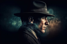 Poster Banner For Thriller Movie With A Man Detective In Hat. Generative AI Illustration