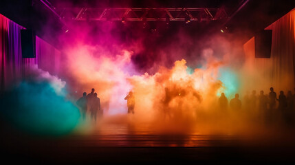 Wall Mural - Vibrant stage in the glow of colored spotlights, with smoke adding an air of mystery and drama. The image captures the anticipation and excitement inherent in live performances, Generative Ai