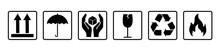 Common Packaging & Warning Symbol Set. Black & White Flat Style Icons With Frame & Outline. Isolated On Transparent. Fragile, Recycle, Handle With Care, This Side Up, Indoor Use Only. 