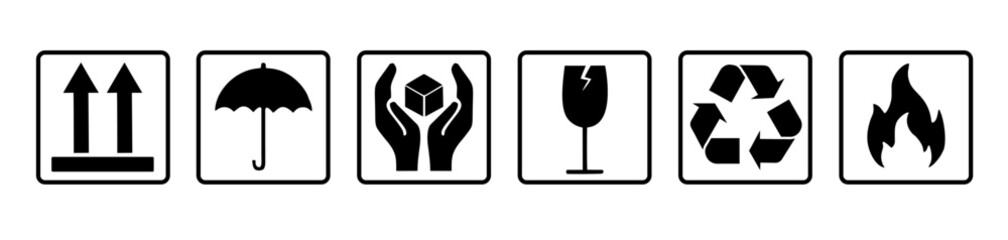 Common packaging & warning symbol set. Black & white flat style icons with frame & outline. Isolated on transparent. Fragile, recycle, Handle with care, This side up, Indoor use only. 