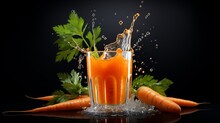 Food Photography Background  - Healthy Carrot Juice In Glass With Splashes And Carrots Vegetables On Dark Table (Generative Ai)