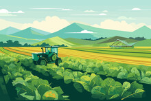 Agriculture, Tractors And Harvester Working In The Field, Harvesting, Sunny Day, Vector Flat Illustration.