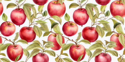 Wall Mural - Watercolor illustration: seamless pattern of apples on the branches. AI