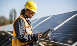 Fototapeta Miasto - solar technician skilled worker in renewable energy solar farm jobs - ai generative