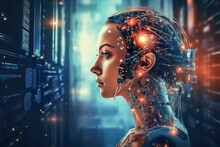 Artificial Intelligence Concept Technology Background, Woman Human Face And Digital Elements, Robots And Artificial Intelligence. Generative AI