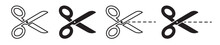 Scissor Line Icon Set. Coupon Dotted Cutout Scissor Vector Symbol. Paper Dash Cut Mark.