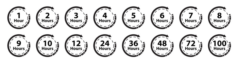 1hr to 10hrs and 12, 24, 36, 48, 72 and 100hrs icon set