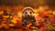 hedgehog in autumn leaves.