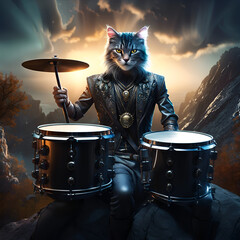 Cat Drummer playing on drum set on stage. Amazing digital illustration. CG Artwork Background