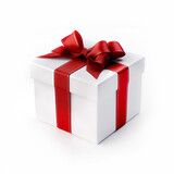 Fototapeta  - White gift box with red satin bow isolated on background. Stylish packaging of goods, presentation. AI generated
