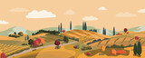 Fototapeta Natura - Italian village cartoon landscape with hills and fields in autumn colors. Vector illustration. Flat design banner. European fall village. European countryside in fall.
