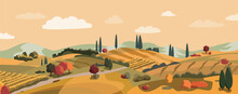 Italian Village Cartoon Landscape With Hills And Fields In Autumn Colors. Vector Illustration. Flat Design Banner. European Fall Village. European Countryside In Fall.