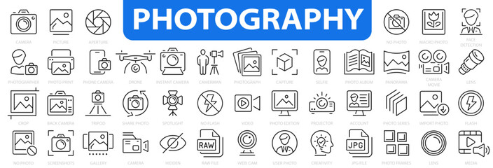 Photography icon set. Camera, photographer, video, photo and more. Photography studio. Vector illustration.