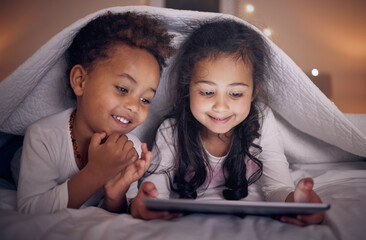 happy, night and children with a tablet in bed for cartoon, movie or streaming a show. smile, blanke