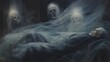 Concept: mystical and supernatural. The ghosts of death stand next to a dying sick man lying on a bed. AI generated