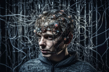 Wall Mural - portrait of man connected to neural networks. concept of future of artificial intelligence. generati