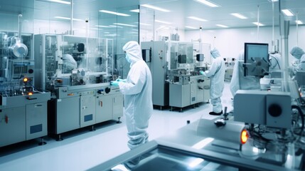 A high-tech clean room where scientists work with nanotechnology. The room is filled with microscopic manipulators, nanorobots and scientists - generative ai