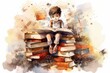 The child is engaged in self-education, disciplined reading a book, sits on a large stack of textbooks, illustration in a watercolor style, generated by AI