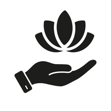 Human Hand Hold Lotus Flower Silhouette Icon. Meditation Glyph Pictogram. Yoga Solid Symbol. Hand Holding Flower. Beauty SPA, Medical Clinic Simple Sign. Isolated Vector Illustration