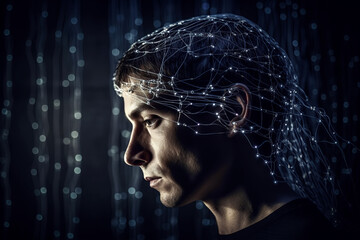 Wall Mural - portrait of man working with neural networks in cyberspace. concept of artificial intelligence and v