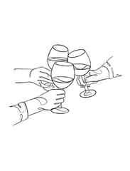 Continuous one line drawing of hands cheering with glasses of wine. Vector illustration.