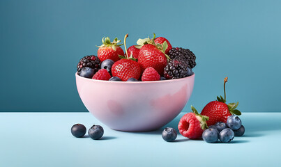 Sticker -  a bowl of berries and blueberries on a blue background.  generative ai