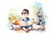Watercolor drawing with kid reading children's book, evoking a sense of warmth and wonder. Charming, hand-drawn illustration invites viewers to join the imaginative world of reading., generative AI
