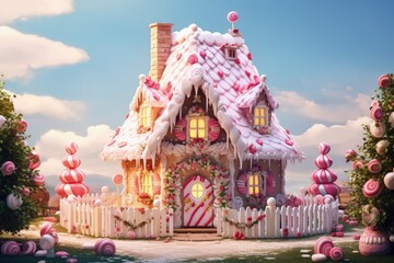 Wall Mural -  A cute candy cottage with delicious frosting and sweet 
 Generative AI