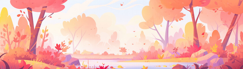 Wall Mural - Panorama of autumn forest in soft pastel colors. Banner background