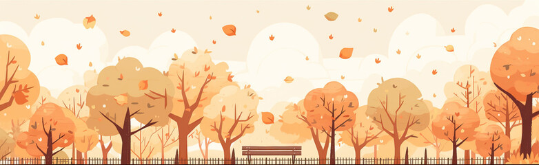 Wall Mural - Leaves flying over trees in autumn park, banner background with copy space, illustration in flat cartoon style with soft pastel colors