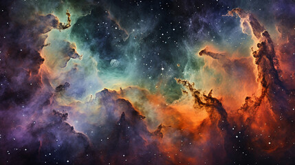 Wall Mural - The pillars of creation, colorful gas nebula, tiny specs of bright white stars, diffraction spikes on stars, amazing beauty, contrast, aquamarine and orange and purple color tones.