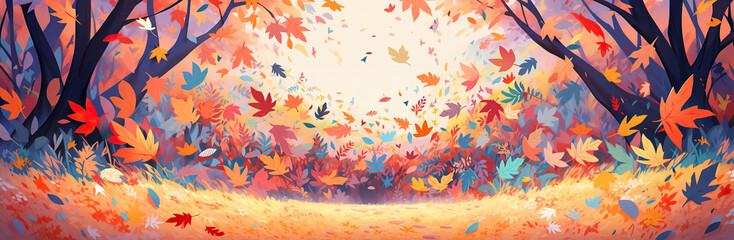 Wall Mural - Multicolored maple leaves flying in autumn forest. Banner background with copy space, illustration in storybook style