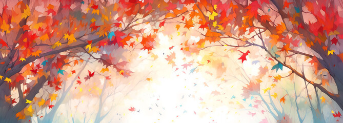 Wall Mural - Branches of maple trees with falling red leaves, banner background with copy space. Digital illustration