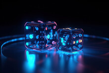 Futuristic Floating Neon Dice, Glowing And Full Of Energy, Casino Gambling Dice Roll Concept, 3D Render, Created With Generative AI	