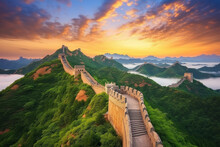 The Great Wall Of China At Sunset With Beautiful Mountains
