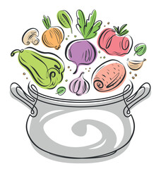 Fresh farm vegetables and kitchen pot. Food cooking ingredients in saucepan. Vector illustration