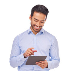 Poster - Tablet, reading and business man in online research, stock market and trading review or happy report. Trader, investor or financial asian person on digital tech isolated on transparent png background