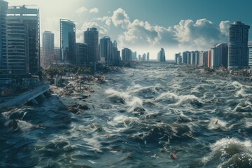 Canvas Print - Modern city flooded by tsunami from climate change Generative AI